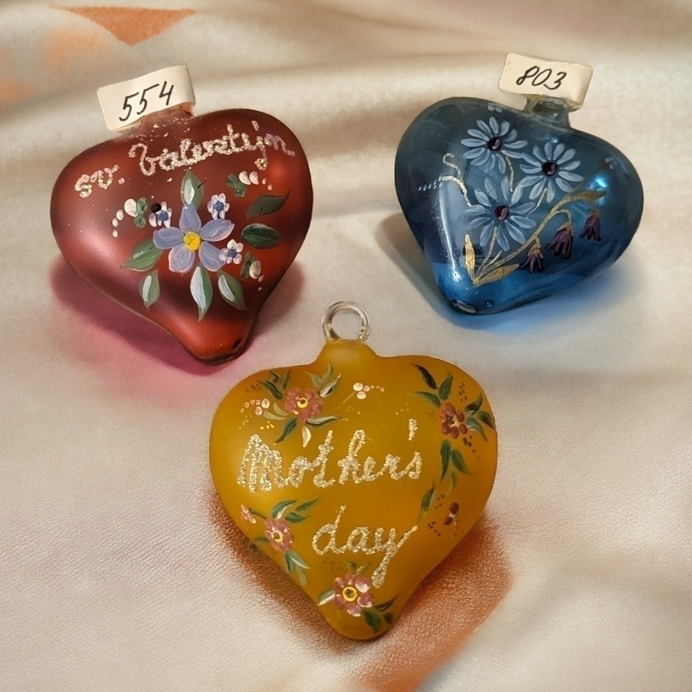 Vintage 3 Pc Handpainted glass heart ornaments